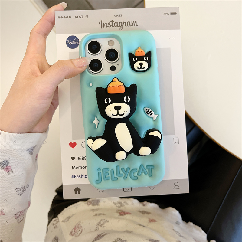 趣味可爱立体吉利猫支架适用苹果16手机壳iphone15promax新款14硅胶软壳13防摔保护套16pro超好看创意