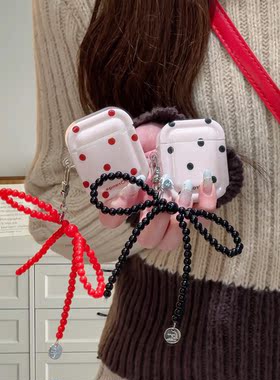 红色波点蝴蝶结挂件适用Airpods3耳机保护壳套2pro二三代新款苹果无线蓝牙硅胶软壳女神气质黑色新年