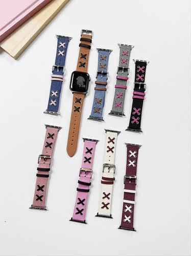 适用iwatch9/8/7/6苹果se牛仔布拼接皮质表带创意小众applewatch5