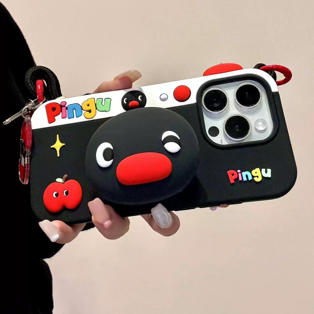 立体pingu企鹅支架iPhone16/15手机壳适用苹果14/13promax硅胶软壳链条挂绳少女心可爱卡通趣味创意新款