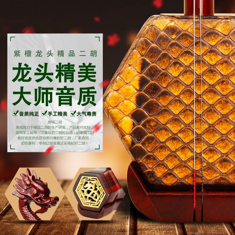 紫檀木二胡乐器厂家直销专业演奏小叶高档龙头杆二胡成人特价清仓