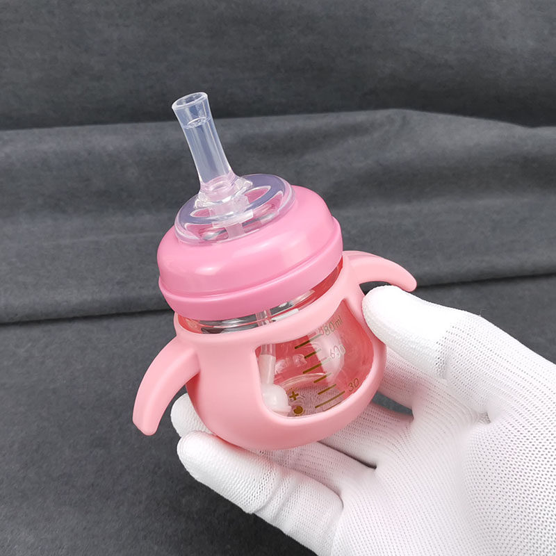 婴儿宽口径晶钻玻璃小容量奶瓶80ml宝宝喝水训练学饮鸭嘴杯吸管杯