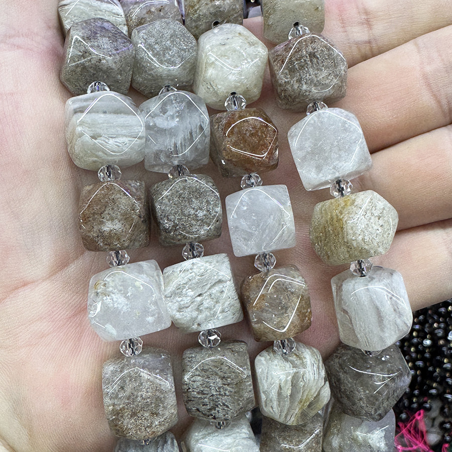 天然千层幽灵散珠方糖切面彩幽灵原石手链项链DIY半成品手串饰品