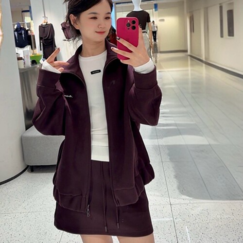 秋冬紫色立领拉链卫衣夹克女大码