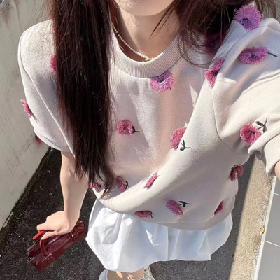 好多小花花还是立体花朵上衣 短袖圆领套头 初秋卫衣款T恤