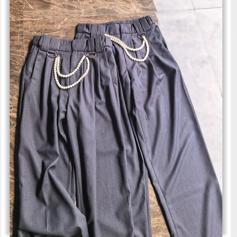 高个子个性时尚休闲宽松长裤 珍珠配饰纯色高腰纯色百搭款