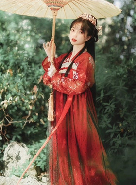 红色汉服套装两件套古风