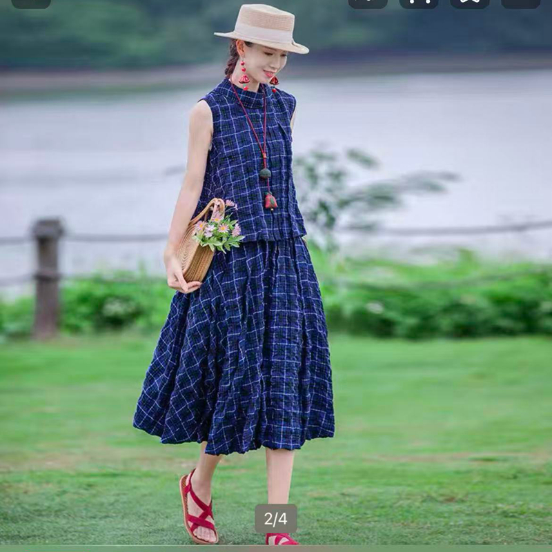 莹如Y尾货蓝色格子两件套装 文艺无袖小衫加灯笼半身裙 天丝棉