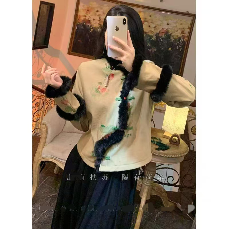 荷香西洋留学大小姐 民国复古全开襟旗袍上衣 毛毛镶边加绒秋冬