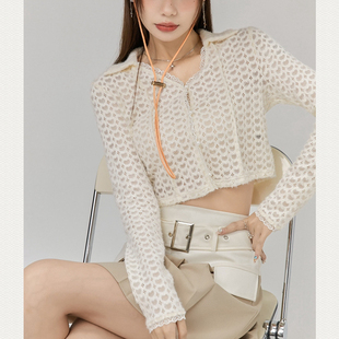 爱心少女蕾丝上衣 长袖开衫温柔可爱春秋款镂空短款杏色V领小衫