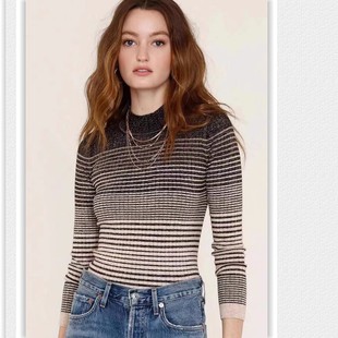 亏清处理原D外贸细条纹毛衣上衣 长袖春秋冬打底修身针织衫粘纤丝