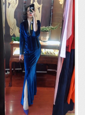 唐Y家尾货蓝色丝绒时尚套装两件套 上衣中式复古加半身裙开叉