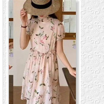 温柔风全真丝印花短袖连衣裙