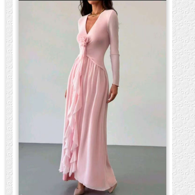 外单粉色礼服连衣裙V领