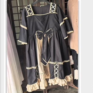 孤品洛丽塔连衣裙 少女宽松重工艺黑色甜美短袖A字摆长