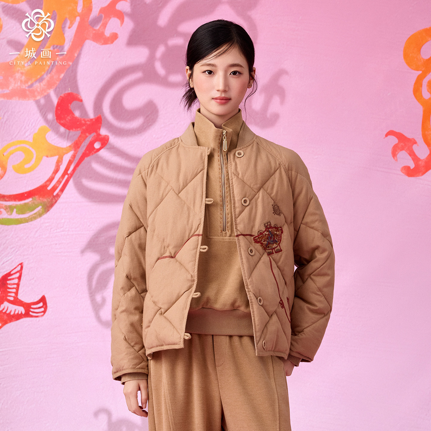 一城画一2026冬季新款新中式复古菱格纹气质保暖鸭绒短款羽绒服女