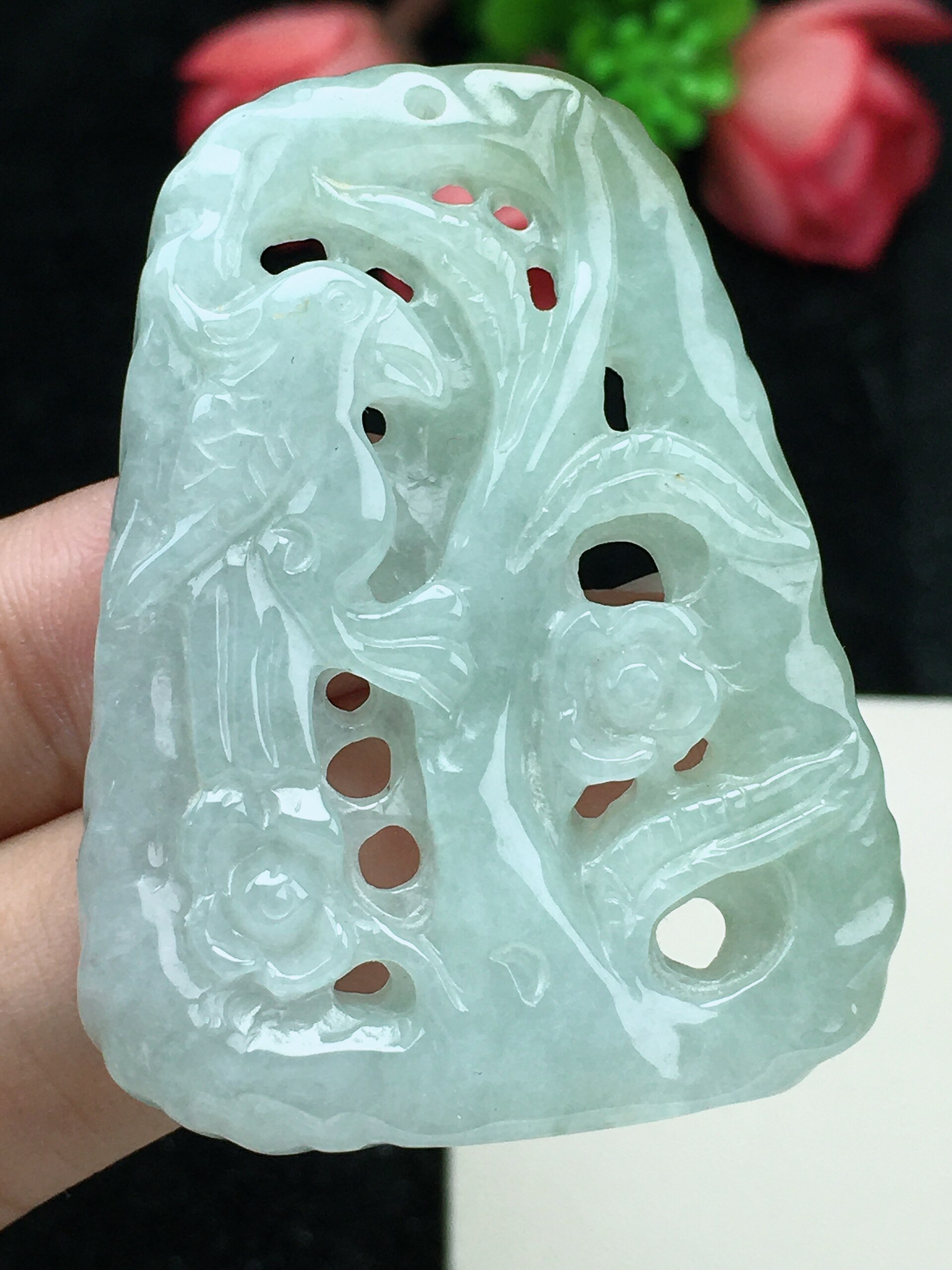 天然缅甸翡翠 镂空雕刻 喜上眉梢 实体店补货第一站 四会小李翡翠