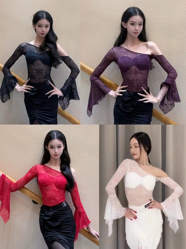 Loyal拉丁舞服蕾丝斜肩上衣连体衣喇叭袖练舞表演女士黑红紫白色