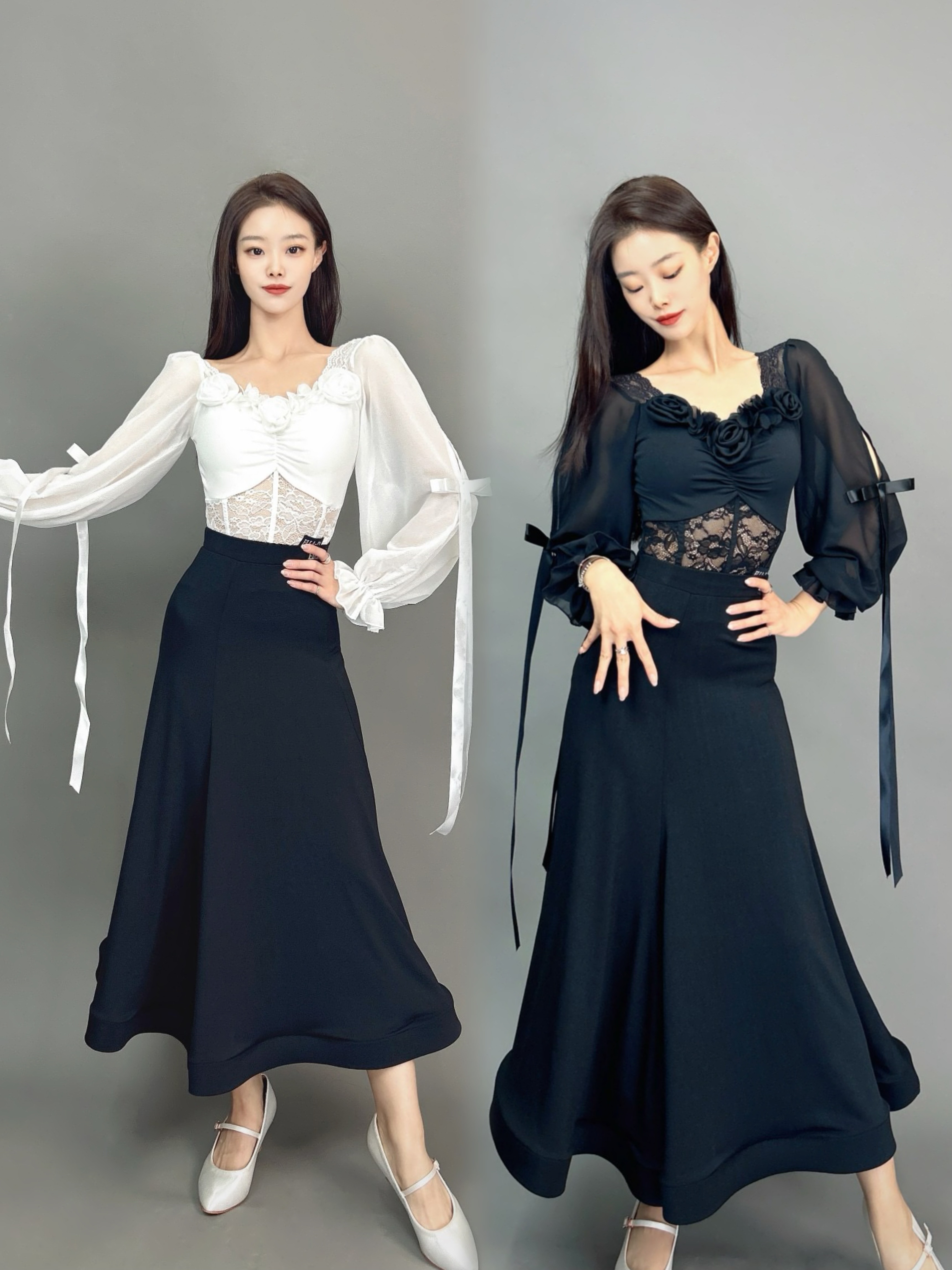 ELLA-D摩登舞服花朵网纱长袖上衣鱼骨半身长裙黑白色艺考表演出女
