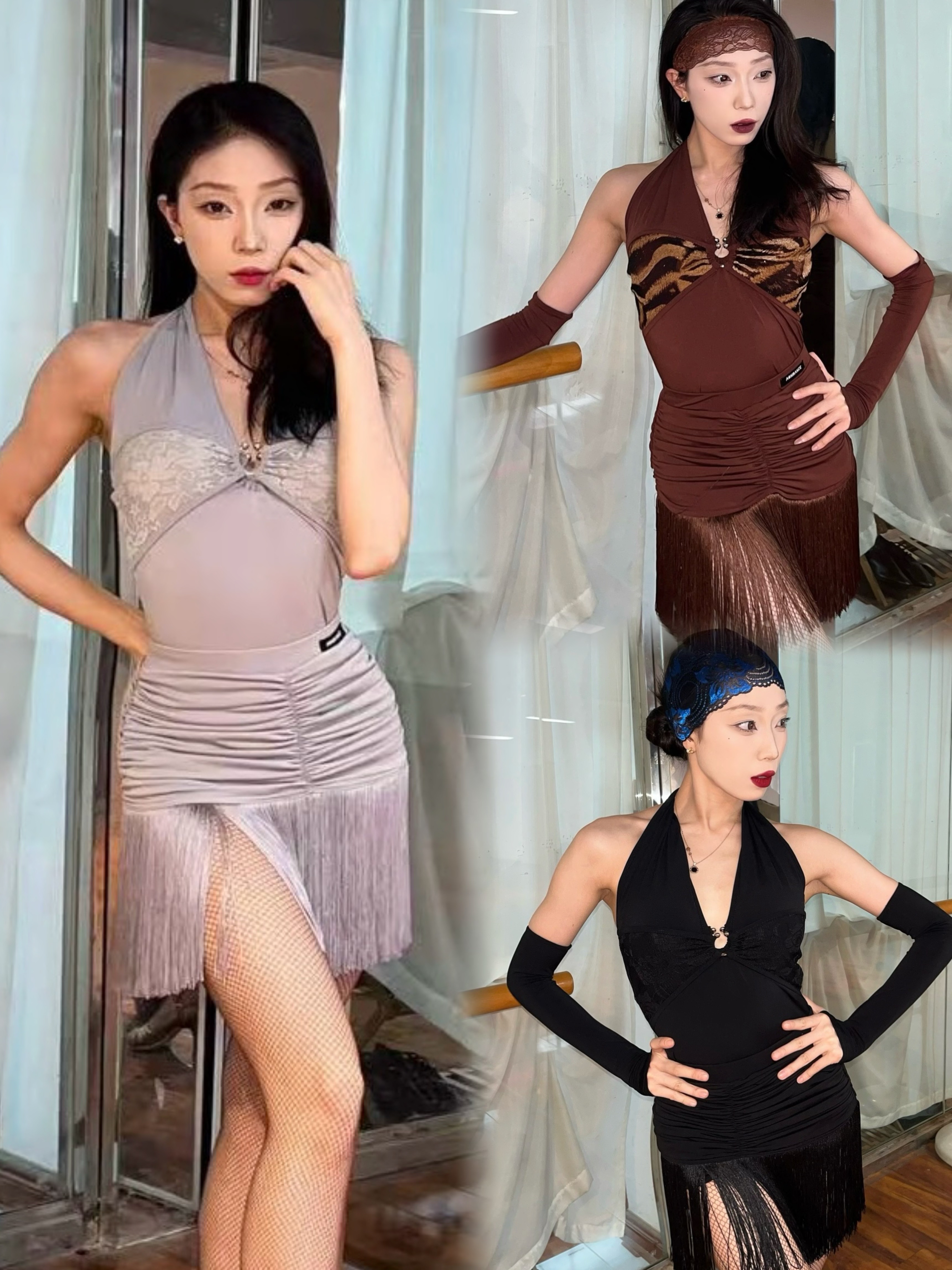 傲睨拉丁舞服系带挂脖v领上衣流苏半身裙套装黑灰棕色练舞表演女
