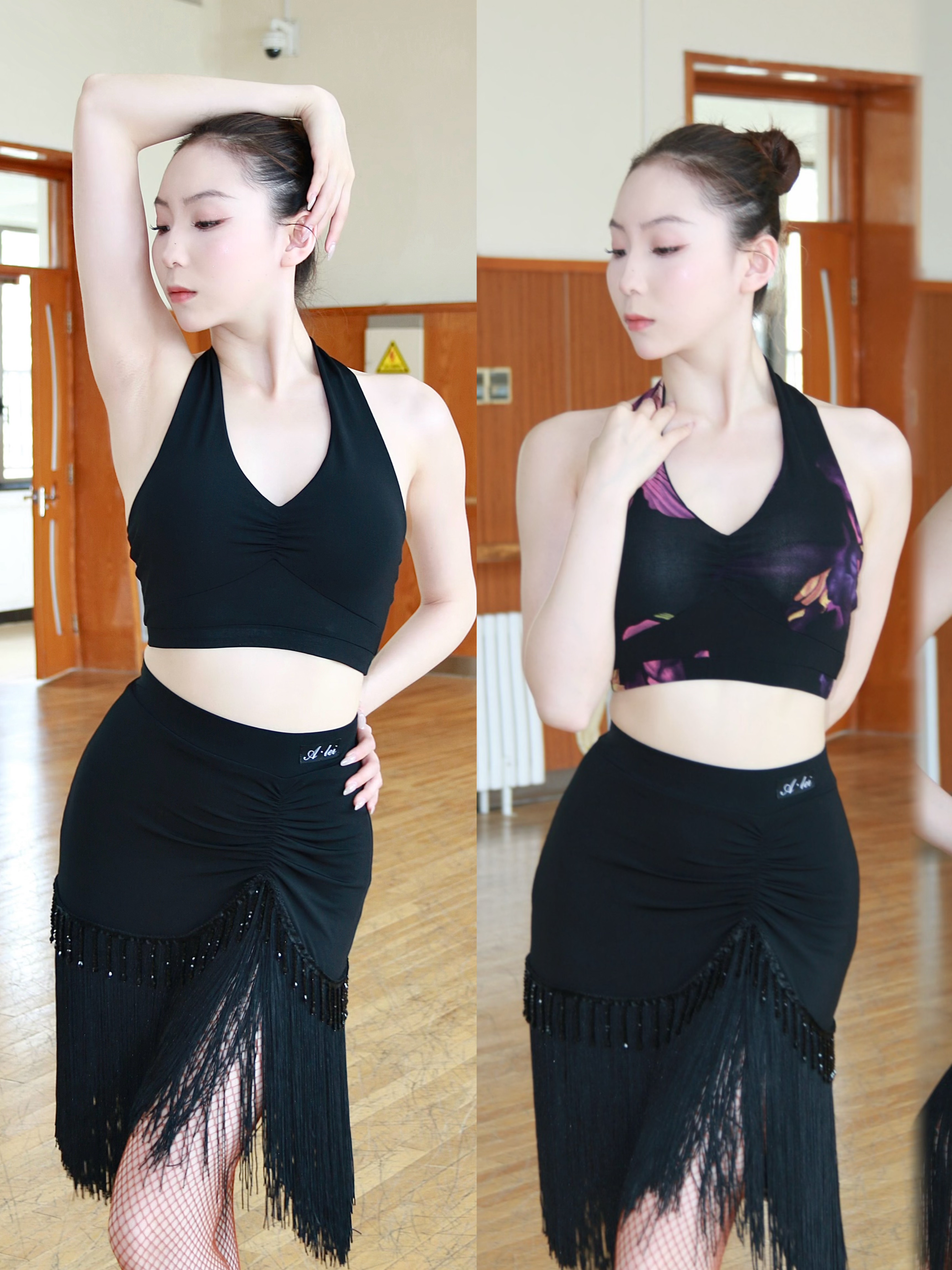 Alei拉丁舞服挂脖美背上衣珠串流苏半身裙套装黑色紫印花练舞表演