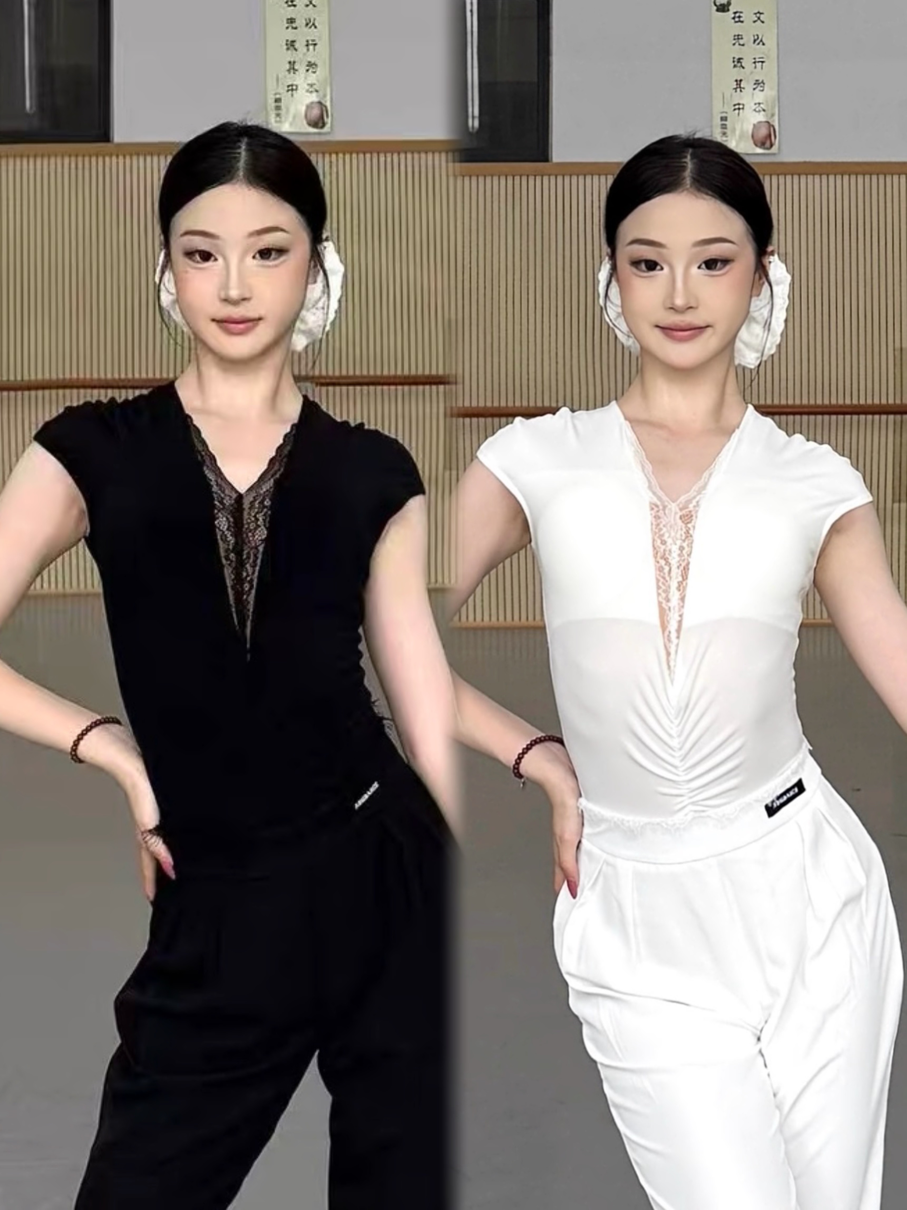 傲睨拉丁舞服小飞袖V领上衣蕾丝连体衣黑白色练舞教课表演女成人