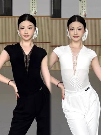 傲睨拉丁舞服小飞袖V领上衣蕾丝连体衣黑白色练舞教课表演女成人