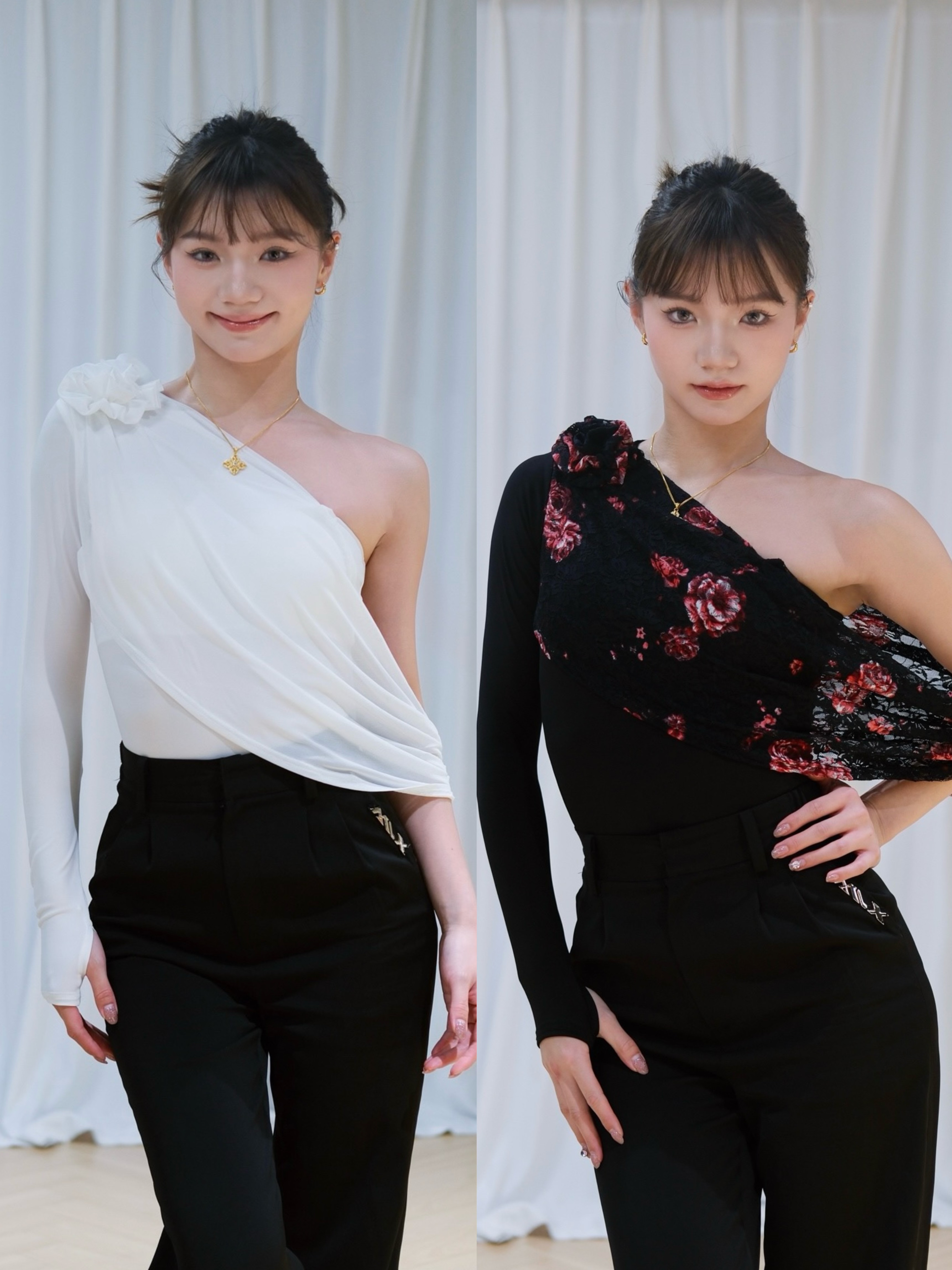 傲睨拉丁舞服花朵单袖斜肩上衣白色印花连体衣国标练舞教课表演女