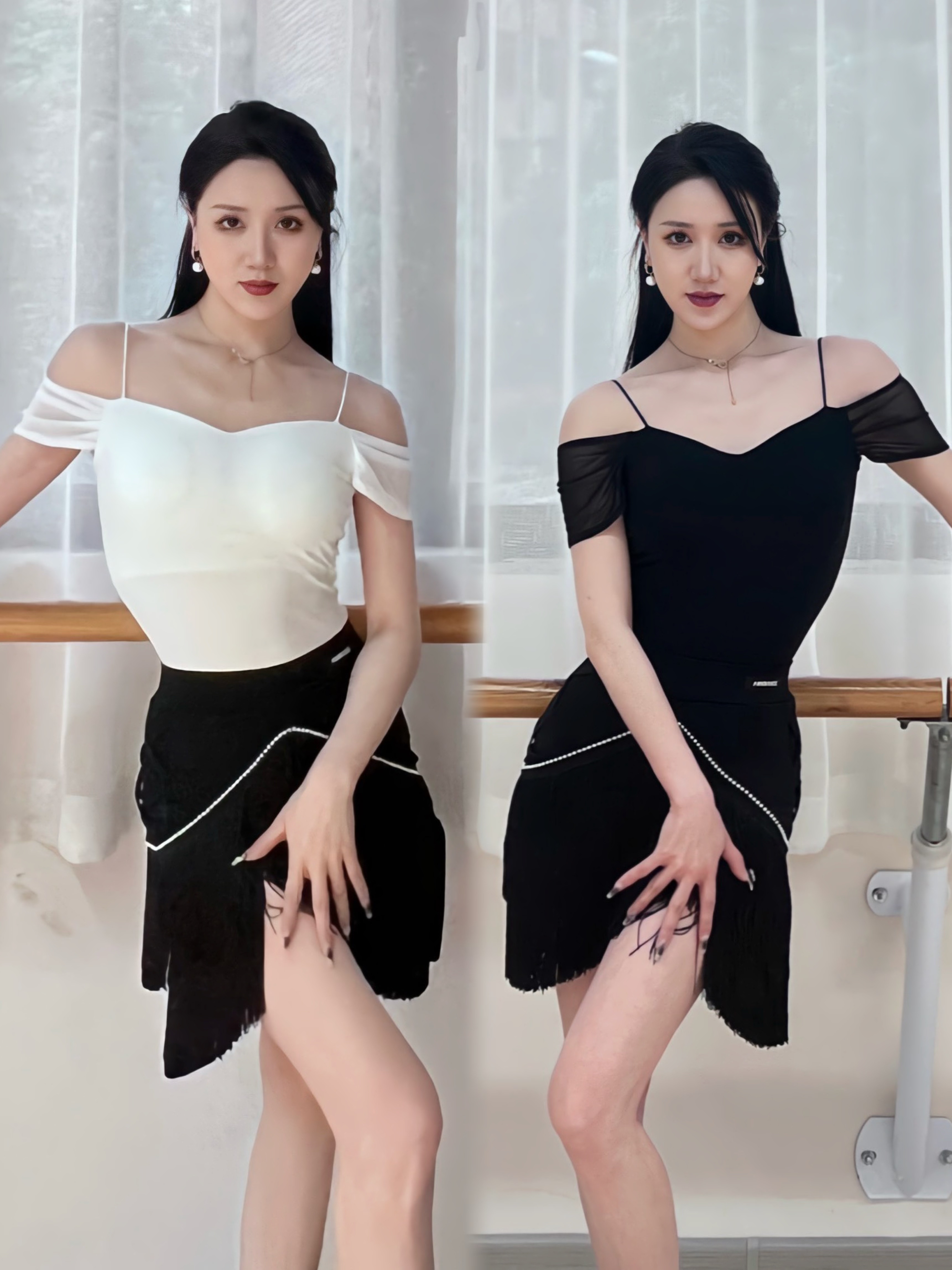傲睨拉丁舞服一字肩短袖上衣吊带连体衣脖花黑白色练舞表演女