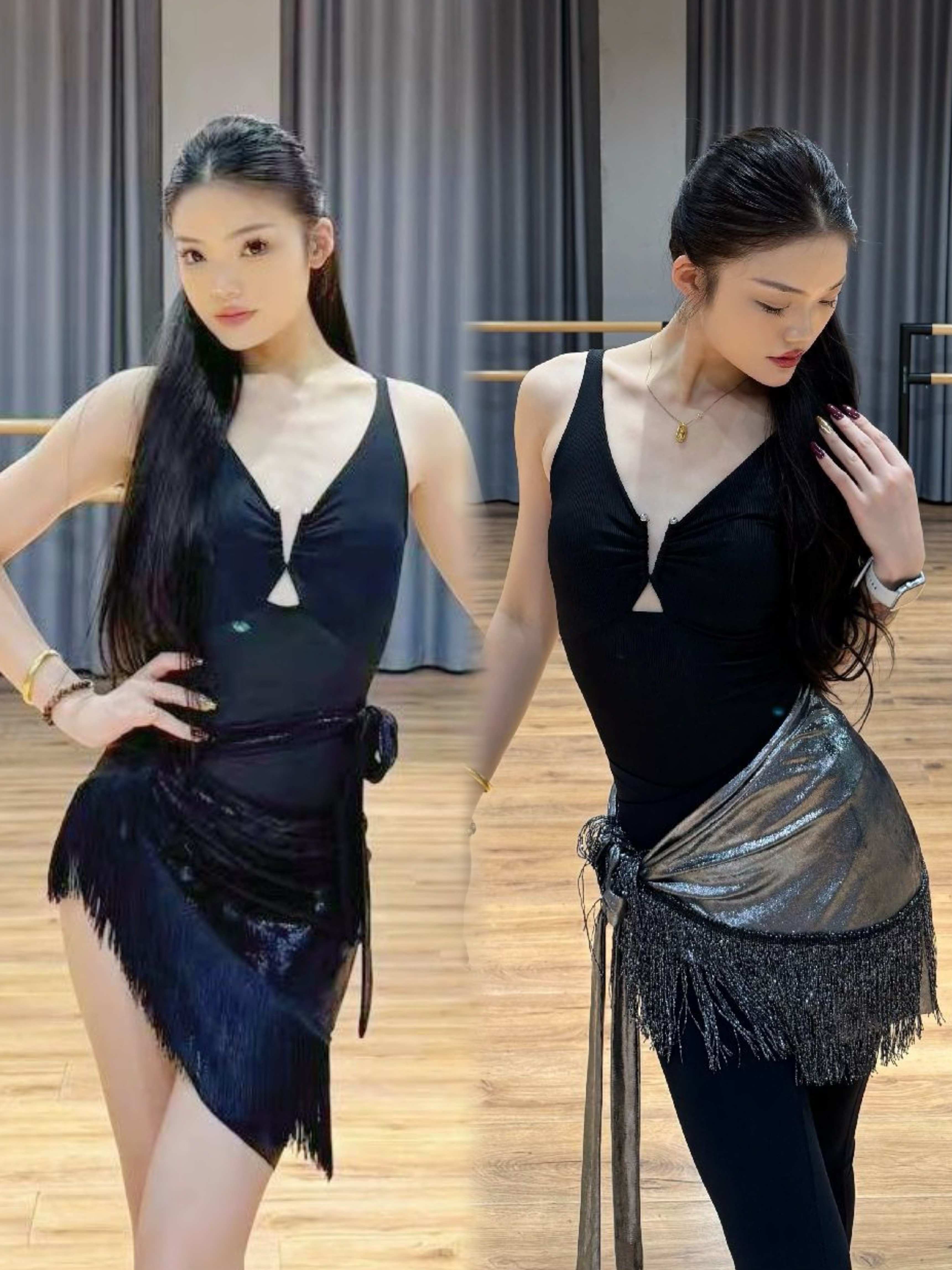 Alei拉丁舞服一片式绑带臀巾流苏腰封亮黑银色练舞教课表演女成人