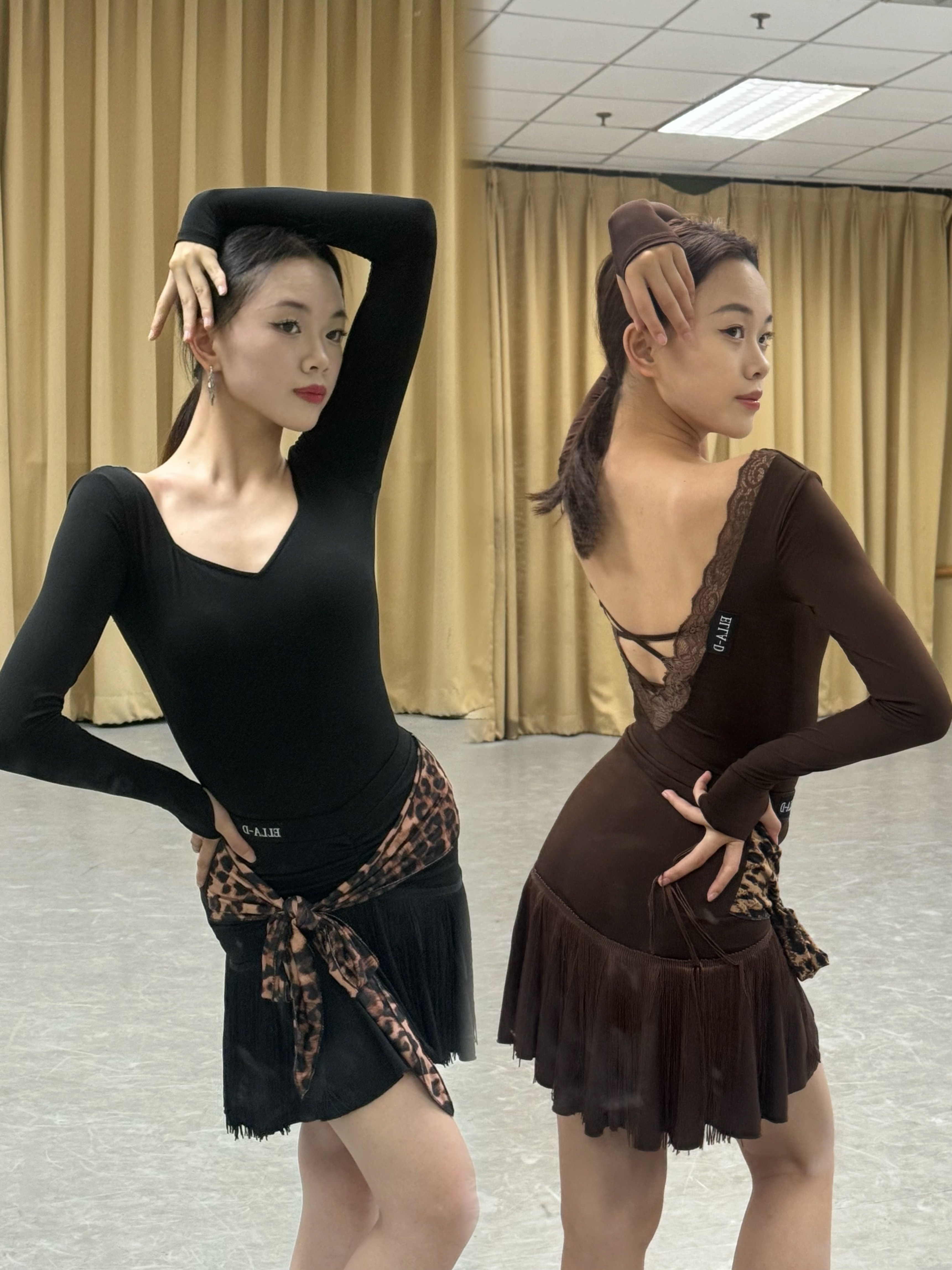 ELLA-D拉丁舞服黑棕色套装露背长袖连体衣豹纹流苏半身裙练舞女士