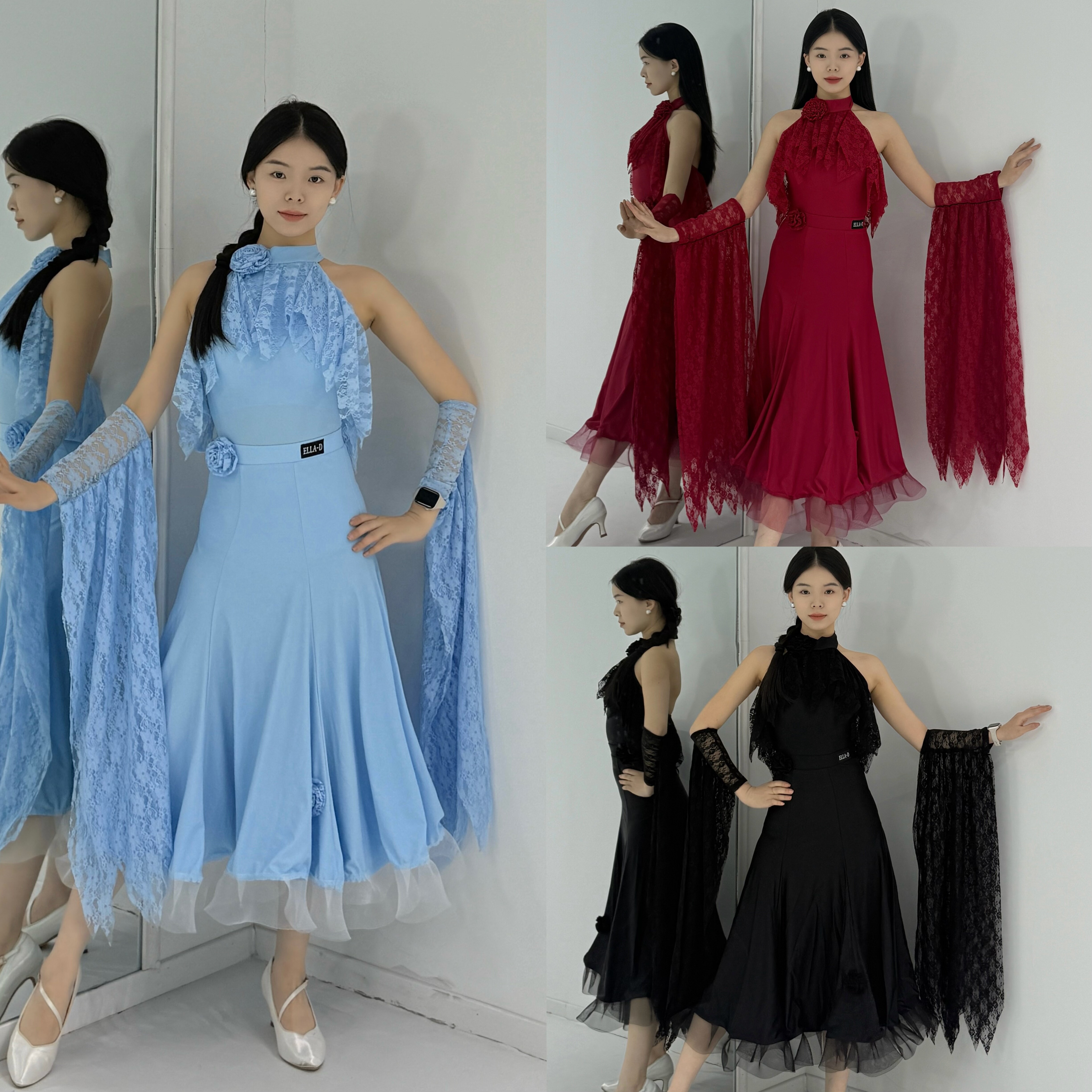 ELLA-D国标摩登舞服无袖上衣花朵半身裙飘袖黑红蓝色女士艺考表演