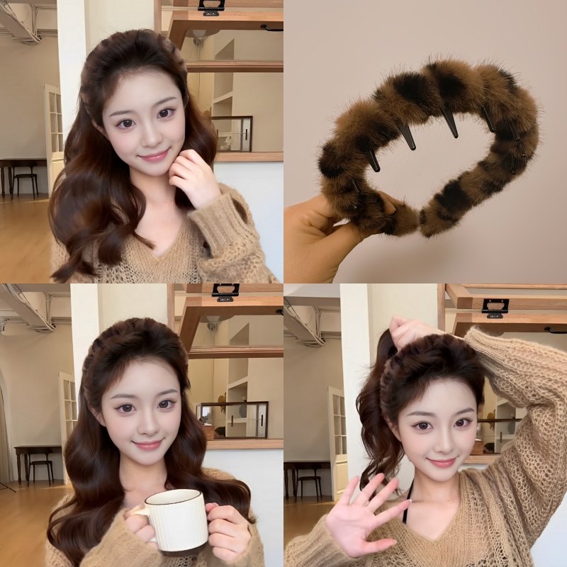 秋冬气质豹纹毛绒发箍女带齿洗脸压发头箍高颅顶防滑碎发整理头饰