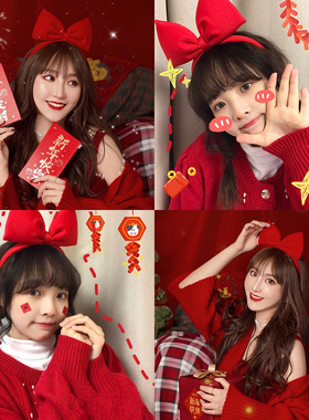新年头饰红色蝴蝶结发箍女白雪公主风可爱发卡春节过年儿童发饰