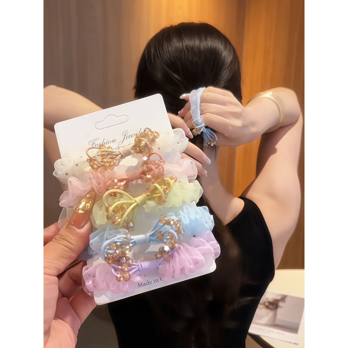 温柔风春夏网纱烫钻手工蝴蝶结发绳超仙小肠发圈头绳扎头发马尾