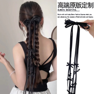 甜妹长款丝带黑色蝴蝶结发夹女编发发卡发带飘带侧边刘海夹子头饰