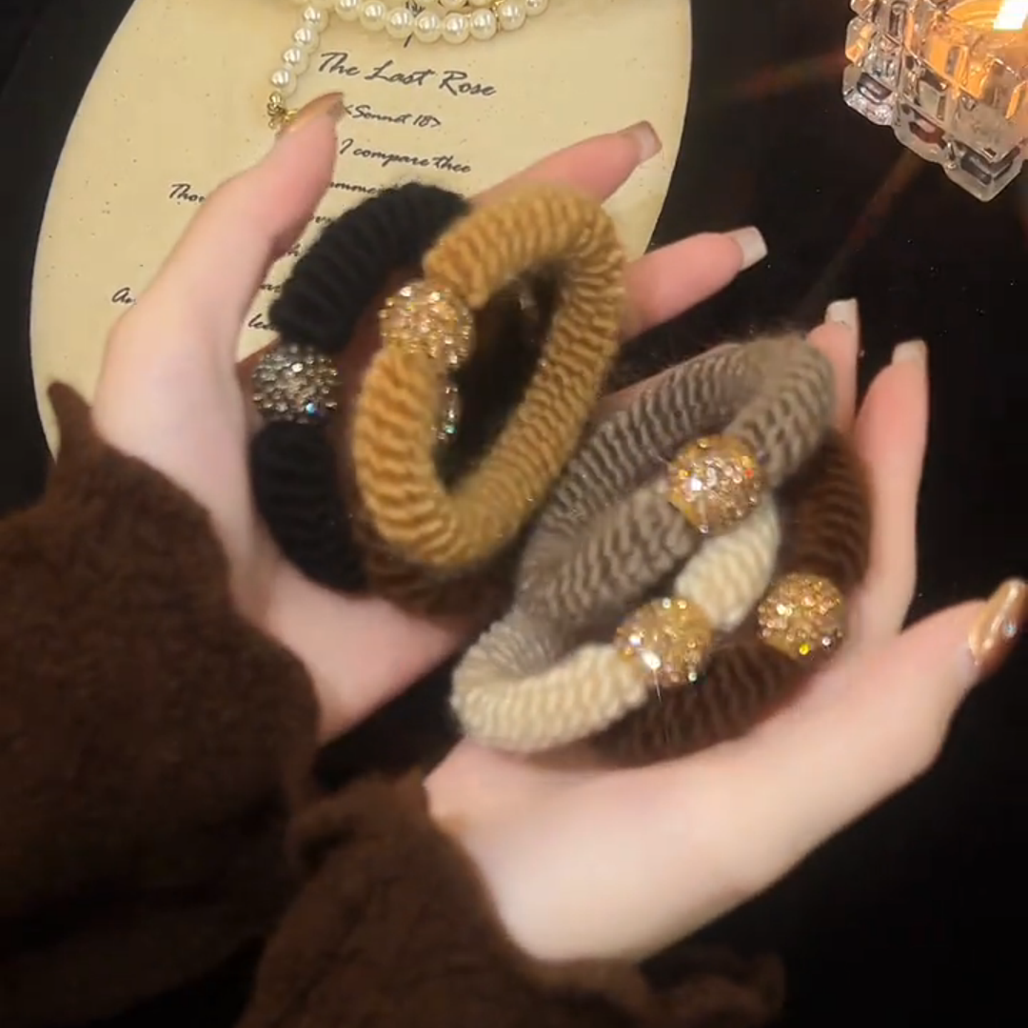 美拉德高弹力加粗水钻发绳女秋冬毛线小肠发圈扎高马尾丸子头头饰