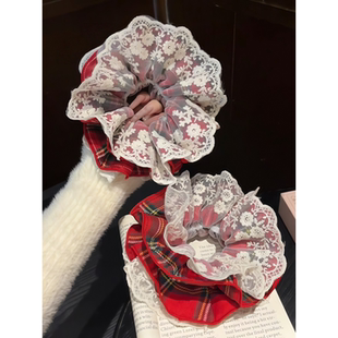 红色蕾丝双层大肠发圈女跨新年格纹低马尾发圈超大头花丸子头发饰