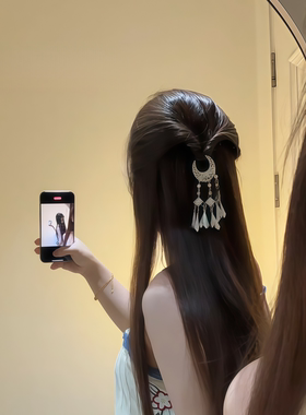 银色月牙流苏发夹女民族风战国袍掩鬓发卡古风苗族汉服盘发头饰