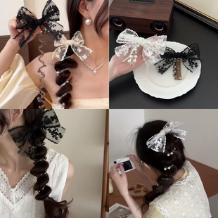 白色蕾丝蝴蝶结泡泡辫电话线发圈2025新款高级感扎马尾发绳发饰