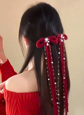 圣诞节红色蝴蝶结珍珠飘带流苏发夹女鸭嘴夹新年发饰半扎发头饰