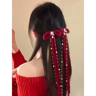 圣诞节红色蝴蝶结珍珠飘带流苏发夹女鸭嘴夹新年发饰半扎发头饰