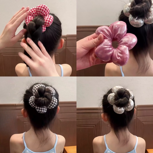 儿童格纹花朵大肠发圈女童立体头花丸子头发绳发饰不伤发皮筋头饰
