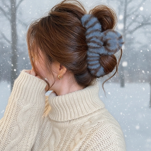 秋冬蓝色毛绒豹纹抓夹女大号后脑勺毛茸茸鲨鱼夹盘发发夹子头饰