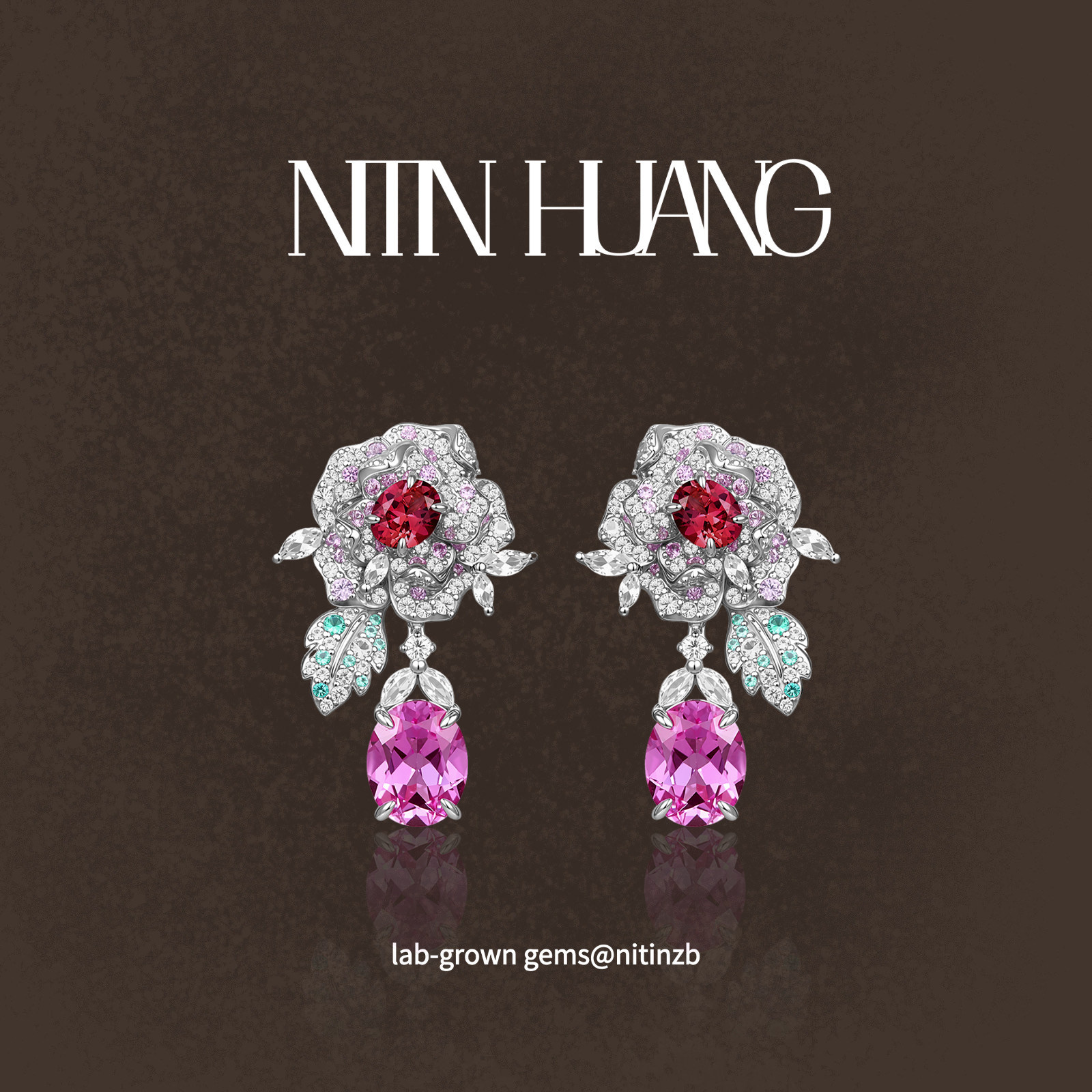NITIN HUANG培育蓝宝石玫瑰双色渐变耳坠白蓝宝石群镶通体银镀金
