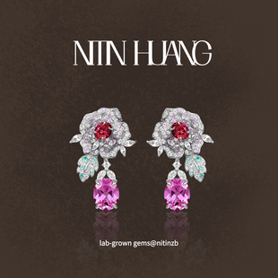 NITIN HUANG培育蓝宝石玫瑰双色渐变耳坠白蓝宝石群镶通体银镀金