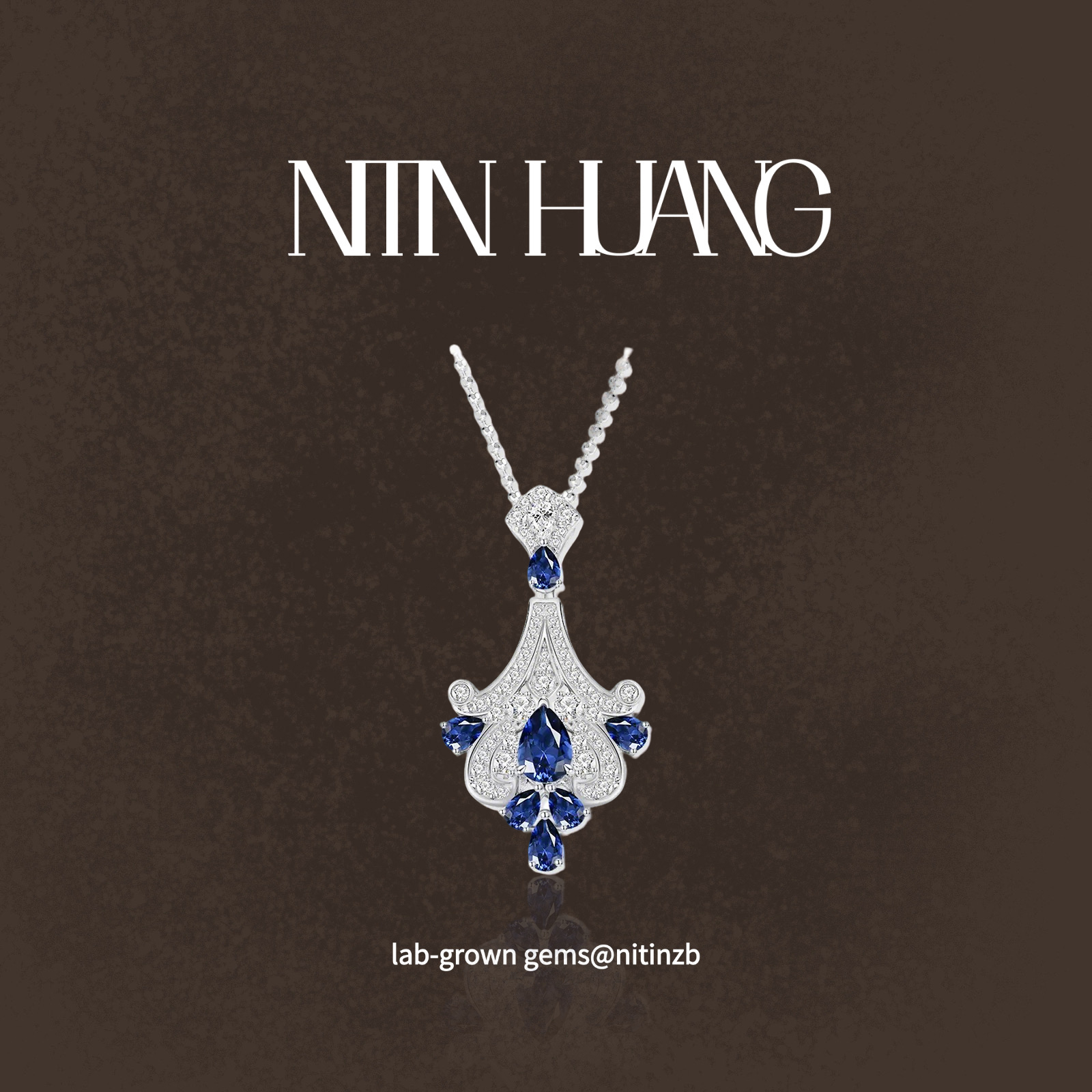 NITIN HUANG培育蓝宝石吊坠时尚精致设计款单吊坠925纯银镀金