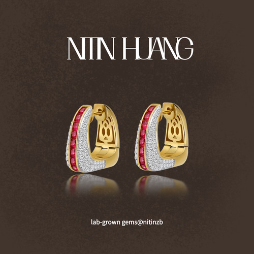 NITIN HUANG实验室合成培育红宝石耳圈鸽血红复古轻奢耳钉显白安
