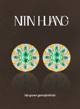 NITINHUANG培育绿色蓝宝石精致耳钉通体925银镀真金
