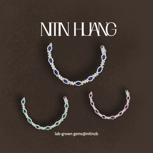NITINHUANG 培育蓝宝石 手链通体925纯银 小众马眼款式